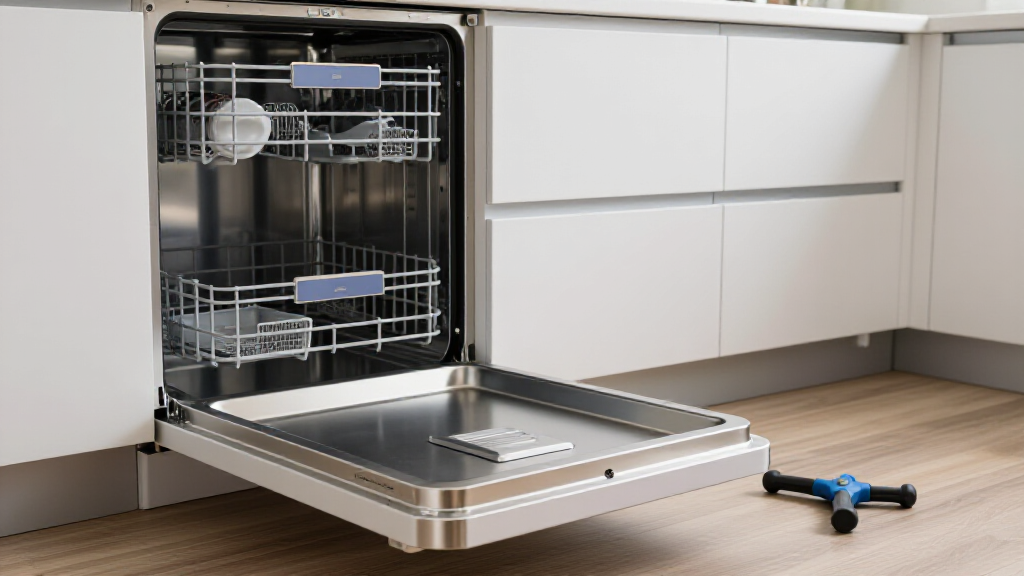 Dishwasher repair technician in Dixon, CA. A professional technician is diagnosing a dishwasher issue in a modern kitchen, focusing on efficient repair for residents near Dixon City Hall.