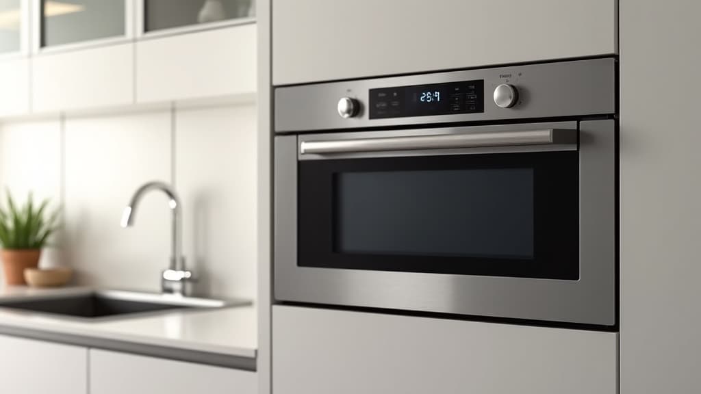 Microwave repair specialist diagnosing kitchen appliance with tools. Professional appliance repair technician working diligently on a faulty microwave, analyzing its components with specialized tools.