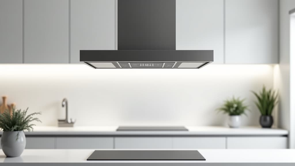 Clean kitchen with a modern range hood working efficiently, ensuring fresh air
