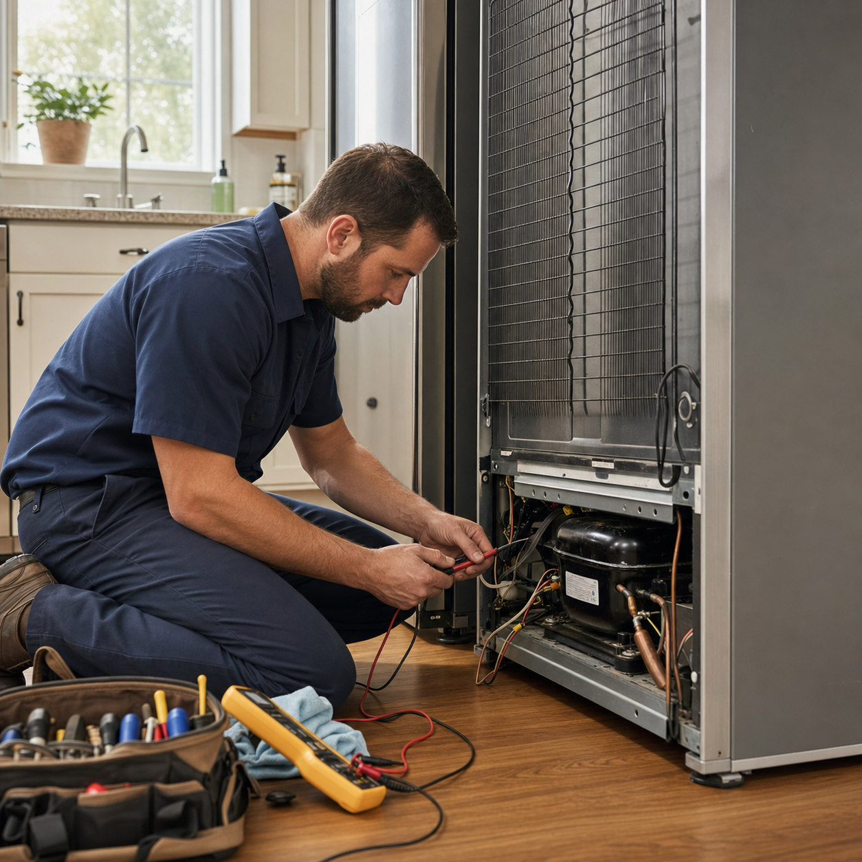 Appliance repair technician testing a refrigerator compressor during a Sacramento service visit