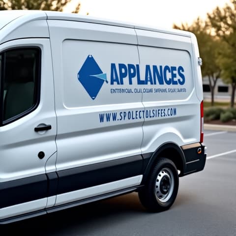 Branded appliance repair van parked near El Dorado Hills Town Center, showing local presence and accessibility. Sunny day, retail background.