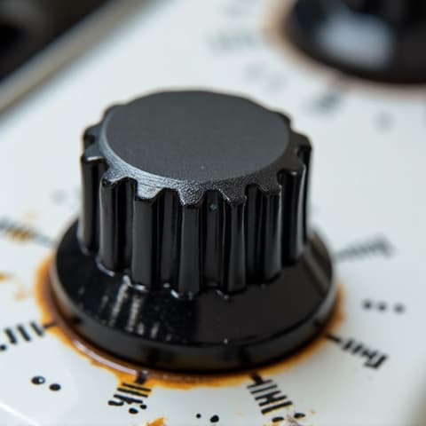 Before image showing a broken and melted control knob on a cooktop in a Fair Oaks kitchen, rendering it unusable.