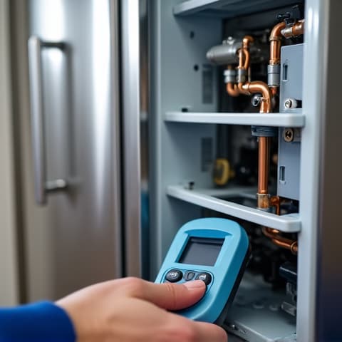 Residential Fridge Compressor Replacement. Detailed view of a technician replacing a refrigerator compressor, emphasizing the use of high-quality parts for durable and effective repairs in Sacramento homes.