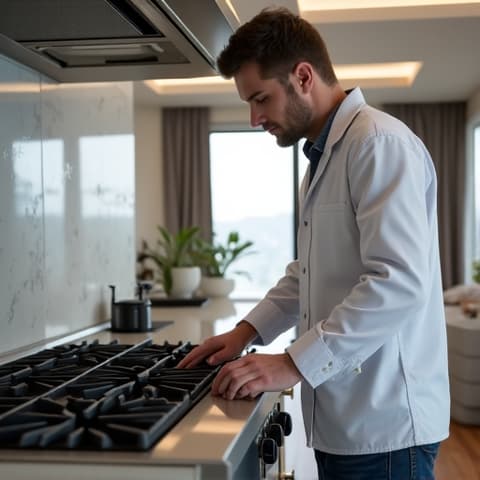 Rocklin appliance repair technician expertly repairing a Wolf range cooktop in an opulent home near Whitney Oaks