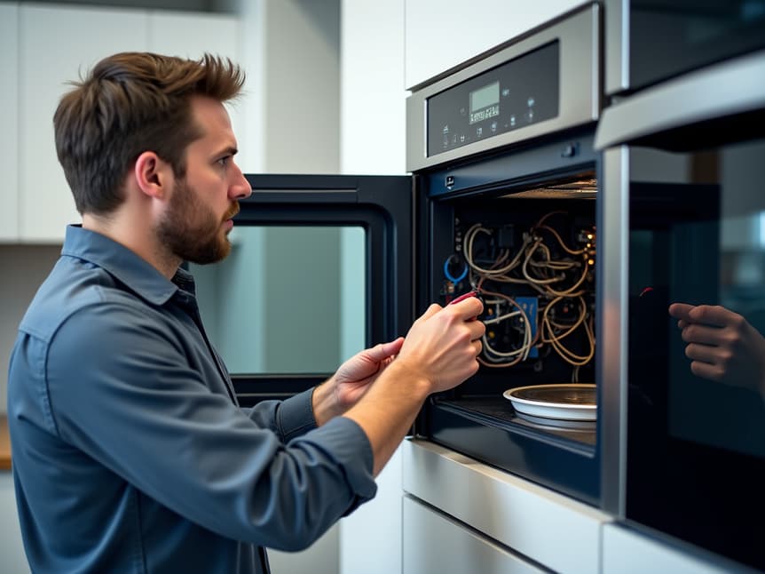 Sacramento technician repairing built-in microwave oven in a modern kitchen