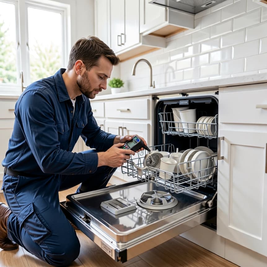 Sacramento Dishwasher Repair Expert Technician Fixing Appliance in Kitchen