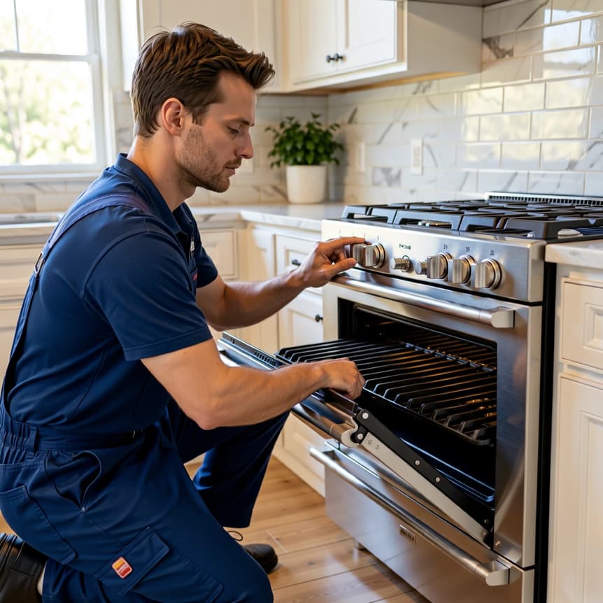expert appliance repair technician fixing an oven in a Roseville, CA home