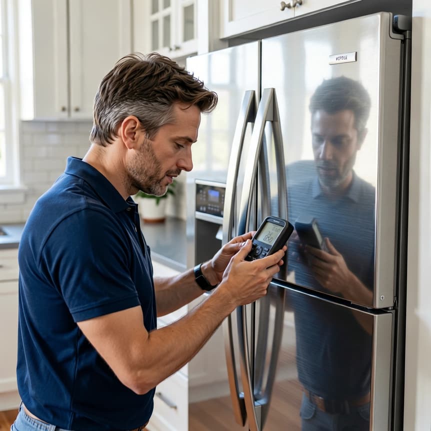 technician repairing a luxury refrigerator in a modern kitchen