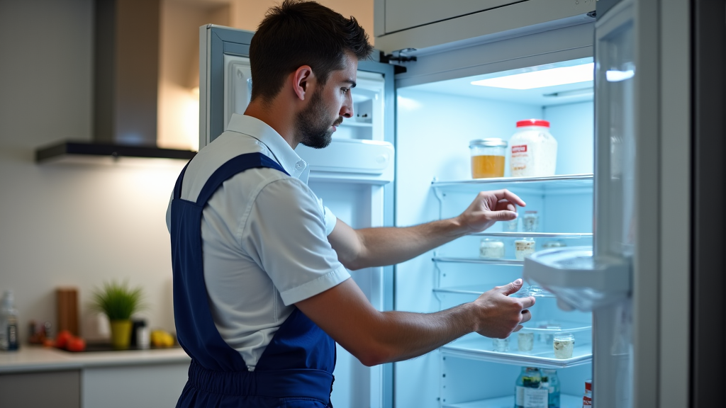 Appliance repair technician fixing a refrigerator in Arcade, CA