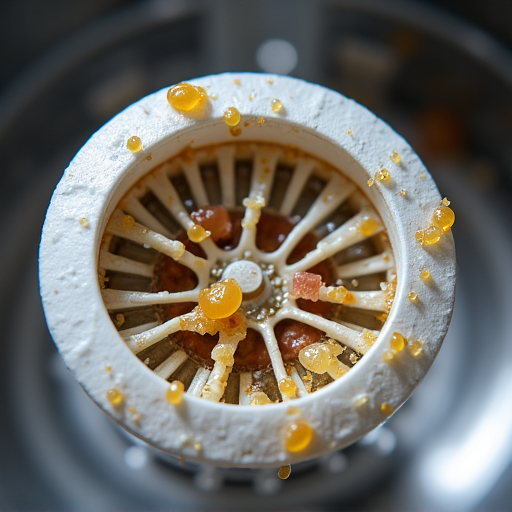Before: Dishwasher Filter Trap with Accumulated Debris. A clogged dishwasher filter trap filled with food particles, grease, and mineral deposits, explaining poor wash results and potential drainage issues.