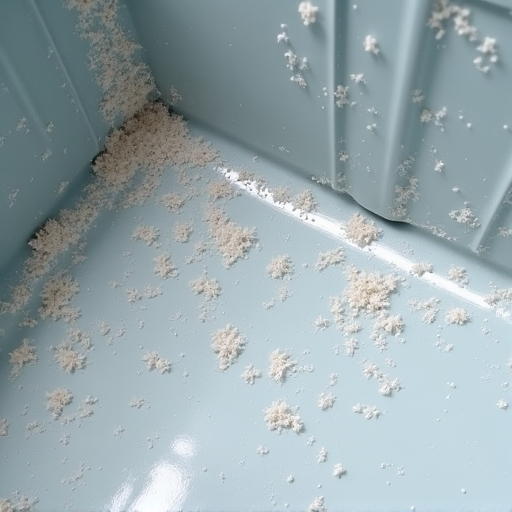 Before: Dishwasher Interior with Hard Water Stains. The inside of a dishwasher with visible white, chalky residue and hard water stains coating the interior walls and racks, indicating a need for descaling and sanitization.