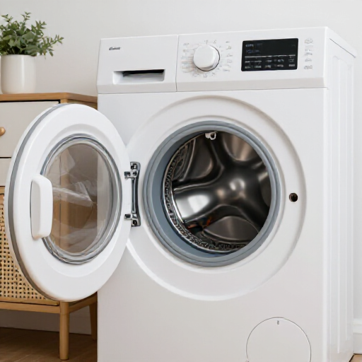 Dixon Washer and Dryer Repair Technician Inspecting Machine. A professional appliance repair technician in Dixon, CA, carefully examining the internal components of a broken washing machine with tools, focusing on diagnosing the issue.