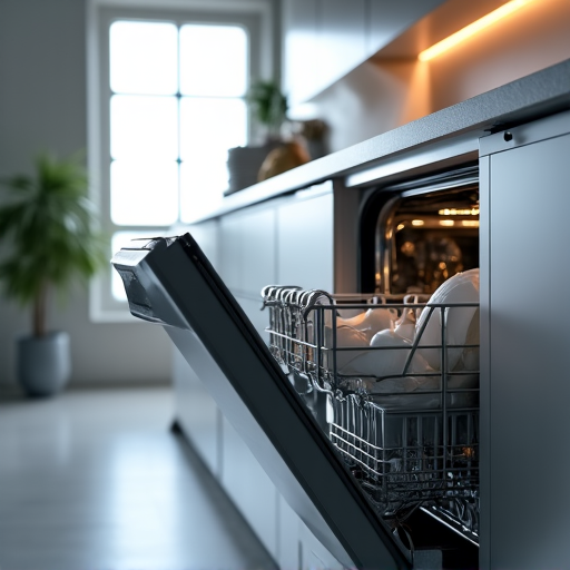 Folsom dishwasher repair in Broadstone. Technician expertly diagnosing and repairing a dishwasher in a clean, contemporary kitchen, ensuring optimal functionality and customer satisfaction.