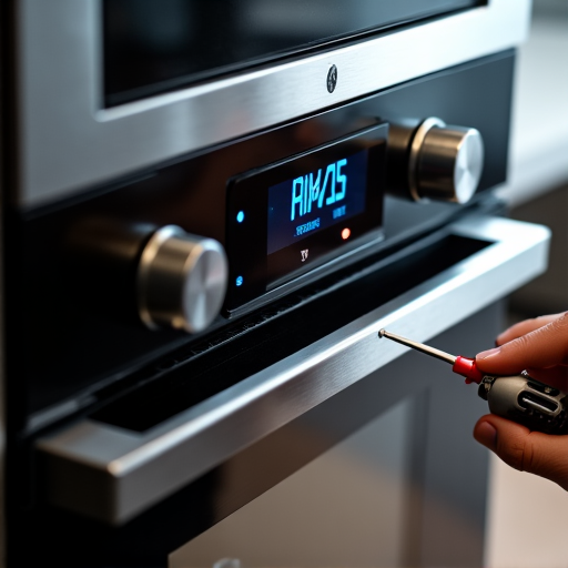Luxury Appliance Diagnostic. Technician performing a diagnostic check on a high-end kitchen appliance with professional tools, embodying the white-glove service approach.