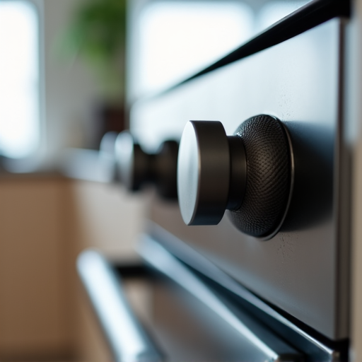 A technician in uniform inspecting oven controls, highlighting the technical expertise in kitchen appliance repair. Skilled technician carefully examining the control panel for a kitchen range.