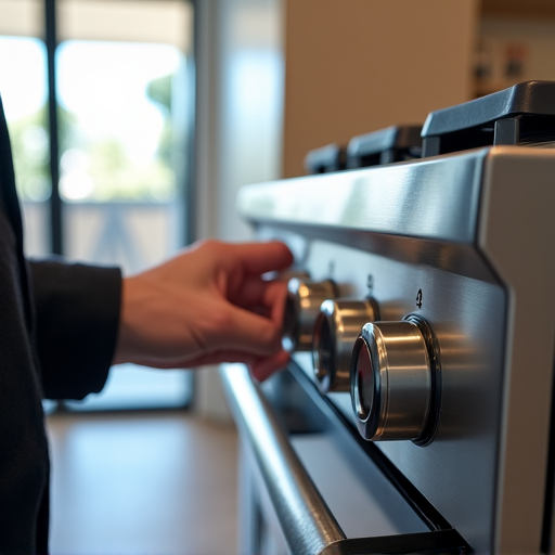 Repair technician fixing a Wolf range oven cooktop in a Roseville kitchen