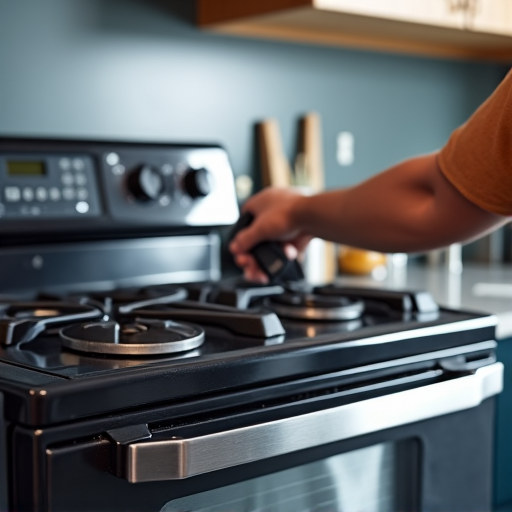 Technician adjusting gas flame on a stove top in a Roseville kitchen